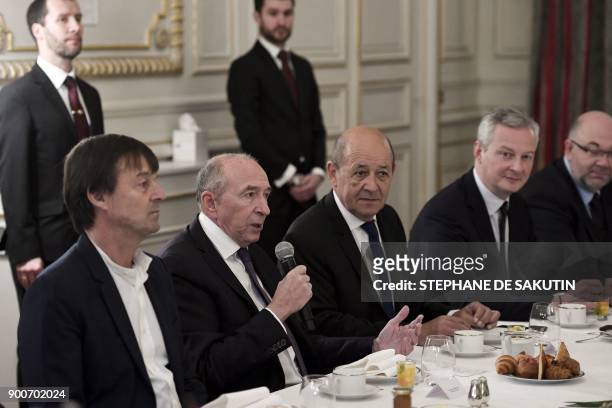 French Interior Minister Gerard Collomb speaks as , French Minister for the Ecological and Inclusive Transition Nicolas Hulot, French Foreign Affairs...