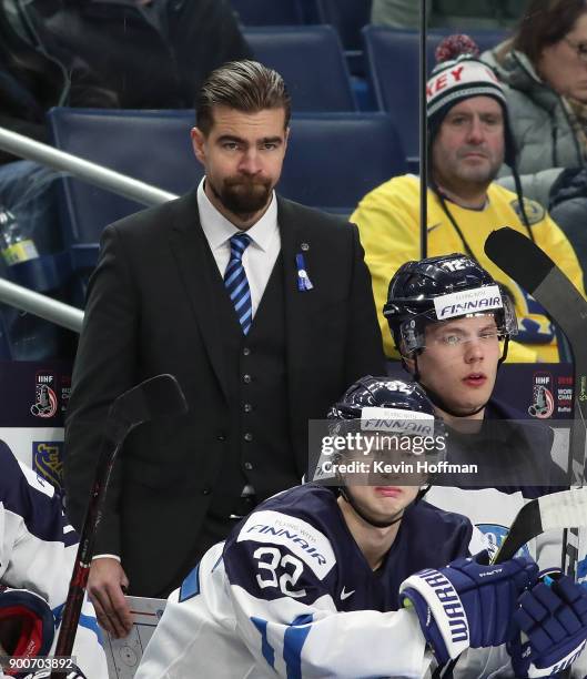 Jussi Ahokas head coach of Finland in the second period during the IIHF World Junior Championship against Denmark at KeyBank Center on December 28,...