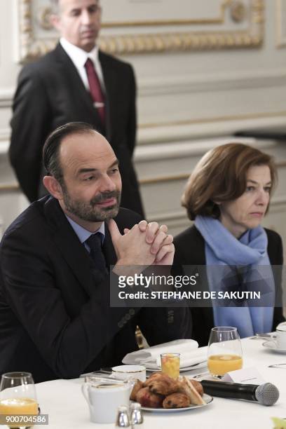 French Prime Minister Edouard Philippe and French Defence Minister Florence Parly attend a government's New Year breakfast meeting at the Interior...