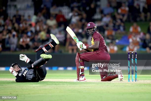 Carlos Brathwaite of the West Indies bats during game three of the Twenty20 series between New Zealand and the West Indies at Bay Oval on January 3,...