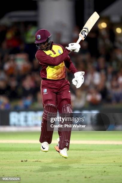 Rovman Powell of the West Indies leaves the field during game three of the Twenty20 series between New Zealand and the West Indies at Bay Oval on...