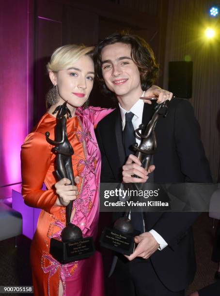 Saoirse Ronan and Timothee Chalamet attend the 29th Annual Palm Springs International Film Festival at Parker Palm Springs on January 2, 2018 in Palm...