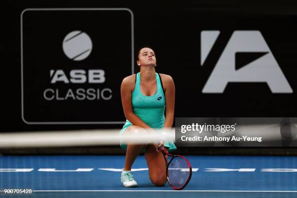 Viktoria Kuzmova of Slovakia reacts in her match against Julia Goerges of Germany during day three of the ASB Women's Classic at ASB Tennis Centre on...