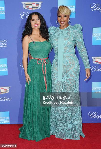 Actress Salma Hayek and actress Mary J. Blige attend the 29th Annual Palm Springs International Film Festival Awards Gala at Palm Springs Convention...