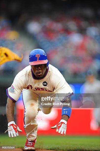 Jimmy Rollins of the Philadelphia Philles slides during the game against the Toronto Blue Jays at Citizens Bank Park in Philadelphia, Pennsylvania on...