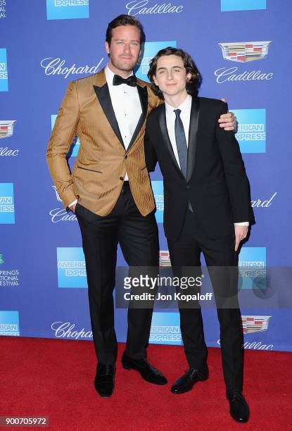 Actors Timothee Chalamet and Armie Hammer attend the 29th Annual Palm Springs International Film Festival Awards Gala at Palm Springs Convention...