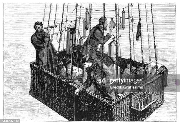 ilustraciones, imágenes clip art, dibujos animados e iconos de stock de aire caliente globo zenith con aviadores parís francia 1875 - copiloto piloto de aeronave