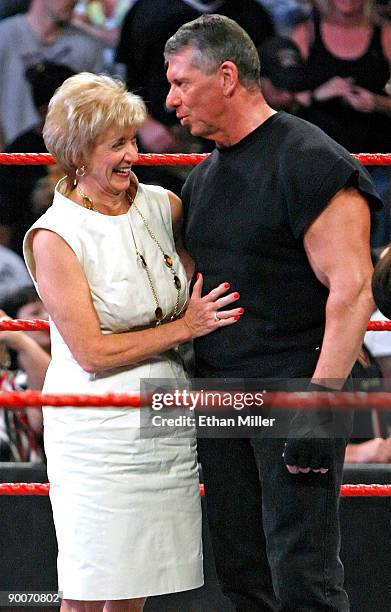 World Wrestling Entertainment Inc. CEO Linda McMahon and her husband, WWE Chairman Vince McMahon, appear in the ring during Vince McMahon's 64th...