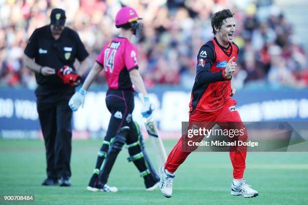 Brad Hogg of the Renegades celebrates the wicket of Jordan Silk of the Sixers during the Big Bash League match between the Melbourne Renegades and...