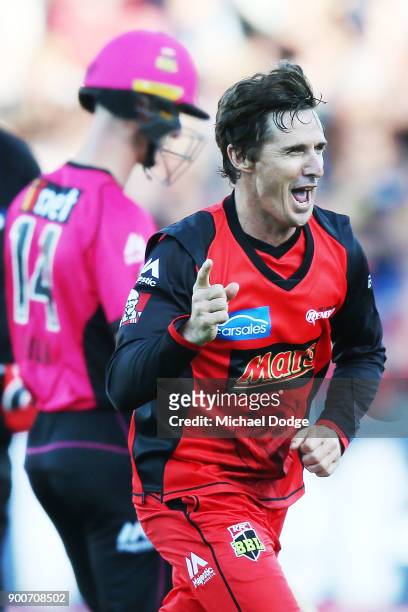 Brad Hogg of the Renegades celebrates the wicket of Jordan Silk of the Sixers during the Big Bash League match between the Melbourne Renegades and...