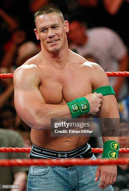 Wrestler John Cena appears in the ring during the WWE Monday Night Raw show at the Thomas & Mack Center August 24, 2009 in Las Vegas, Nevada.