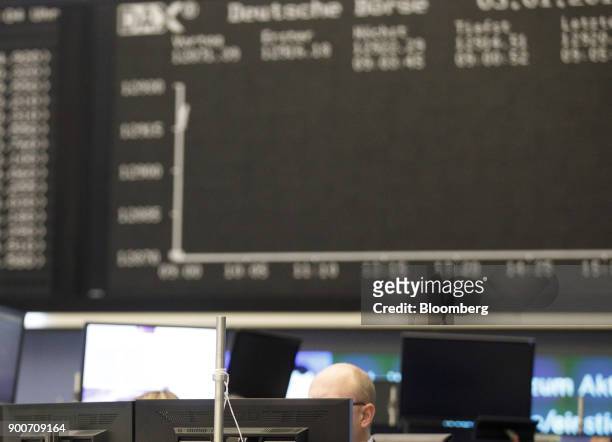 Trader monitors financial data as the second iteration of the Markets in Financial Instruments Directive comes into force, at the Frankfurt Stock...