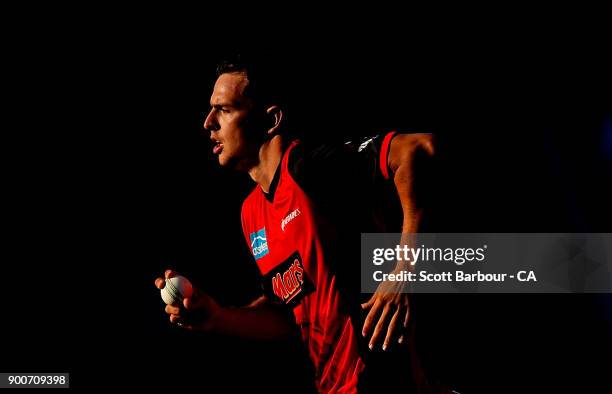 Jack Wildermuth of the Renegades bowls during the Big Bash League match between the Melbourne Renegades and the Sydney Sixers on January 3, 2018 in...