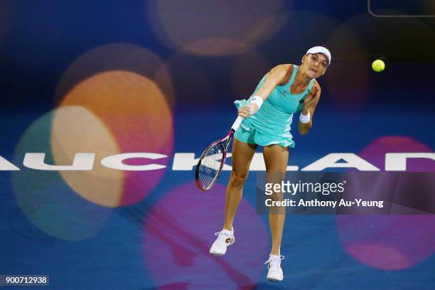 Agnieszka Radwanska of Poland serves in her match against Taylor Townsend of USA during day three of the ASB Women's Classic at ASB Tennis Centre on...