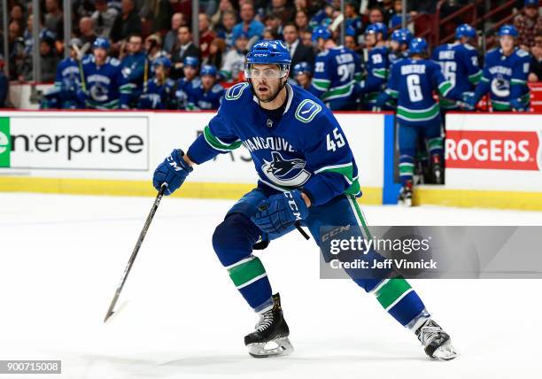 Michael Chaput of the Vancouver Canucks skates up ice during their NHL game against the Los Angeles Kings at Rogers Arena December 30, 2017 in...