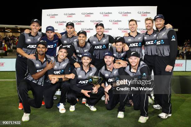The New Zealand Black Caps celebrate the series win following game three of the Twenty20 series between New Zealand and the West Indies at Bay Oval...