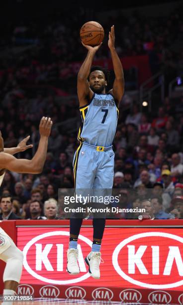 Wayne Selden of the Memphis Grizzlies shoots a basket against Los Angeles Clippers during the first half against Memphis Grizzlies at Staples Center...