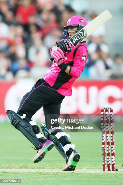 Johan Botha of the Sixers bats during the Big Bash League match between the Melbourne Renegades and the Sydney Sixers on January 3, 2018 in Geelong,...