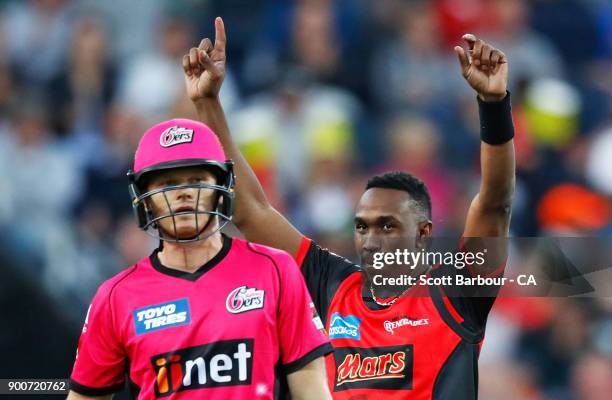 Dwayne Bravo of the Renegades celebrates after dismissing Sam Billings of the Sixers during the Big Bash League match between the Melbourne Renegades...