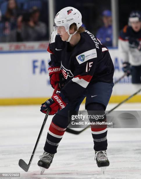 Scott Perunovich of United States in the first period against Slovakia during the IIHF World Junior Championship at KeyBank Center on December 28,...