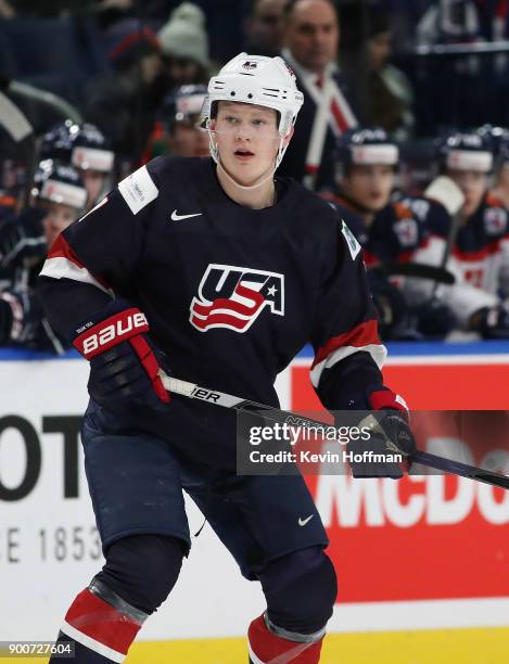Brady Tkachuk of United States in the first period against Slovakia during the IIHF World Junior Championship at KeyBank Center on December 28, 2017...