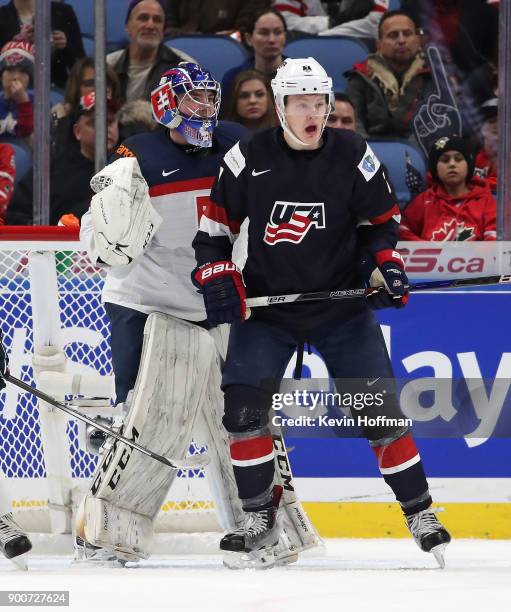 Roman Durny of Slovakia and Brady Tkachuk of United States in the first period during the IIHF World Junior Championship at KeyBank Center on...