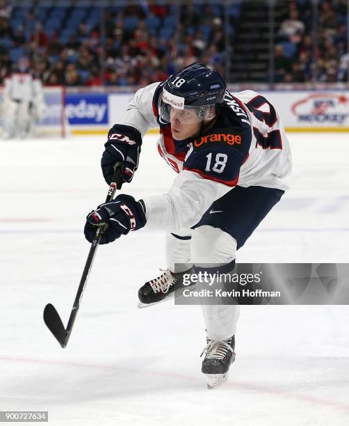 Adam Liska of Slovakia in the first period against the United States during the IIHF World Junior Championship at KeyBank Center on December 28, 2017...