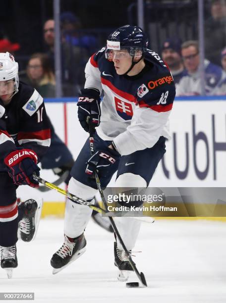 Adam Liska of Slovakia in the first period against the United States during the IIHF World Junior Championship at KeyBank Center on December 28, 2017...