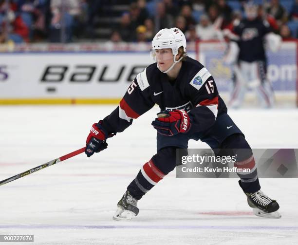 Scott Perunovich of United States in the second period against Slovakia during the IIHF World Junior Championship at KeyBank Center on December 28,...