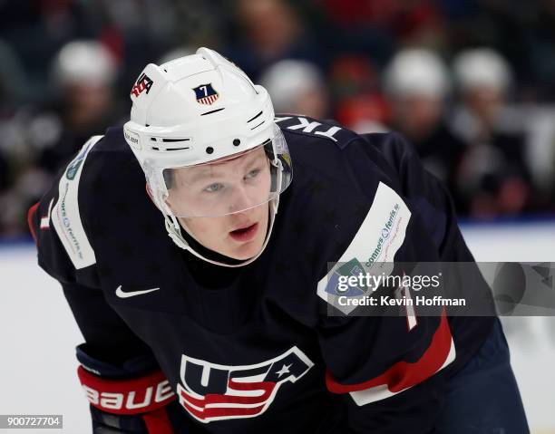 Brady Tkachuk of United States in the second period against Slovakia during the IIHF World Junior Championship at KeyBank Center on December 28, 2017...