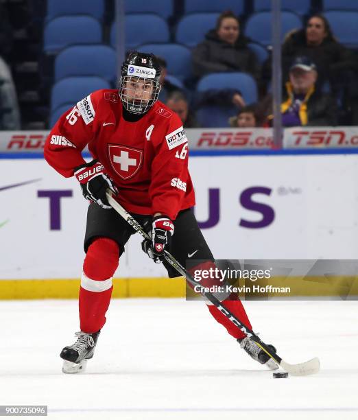 Nico Gross of Switzerland during the IIHF World Junior Championship against Czech Republic at KeyBank Center on December 31, 2017 in Buffalo, New...