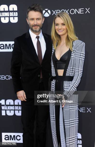 Personality Chris Hardwick and wife/actress Lydia Hearst arrive for the AMC Celebrates The 100th Episode Of "The Walking Dead" held at The Greek...