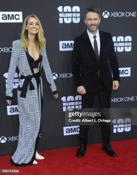 Actress Lydia Hearst and TV personality Chris Hardwick arrive for the AMC Celebrates The 100th Episode Of "The Walking Dead" held at The Greek...