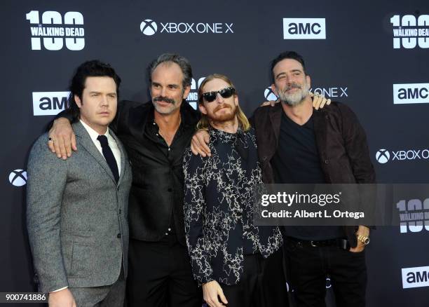 Actors Josh McDermitt, Steven Ogg, Austin Amelio and Jeffrey Dean Morgan arrive for the AMC Celebrates The 100th Episode Of "Walking Dead" held at...