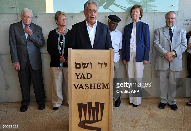 Former Brazilian president Fernando Henrique Cardoso speaks to the press during a visit to Yad Vashem Holocaust memorial in Jerusalem on August 25,...