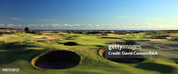 View of the approach to the green on the par 5, 14th hole 'Spectacles Bunkers' on the Championship Links at Carnoustie the host course for the 2018...