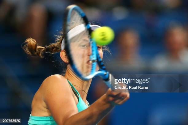 Elise Mertens of Belgium plays a forehand in her singles match against Daria Gavrilova of Australia on day five of the 2018 Hopman Cup at Perth Arena...