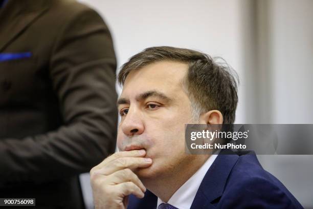 Mikheil Saakashvili is seen during the court hearing. Appeal court of Kyiv hears the case on the arrest of ukrainian politic and Georgian former...