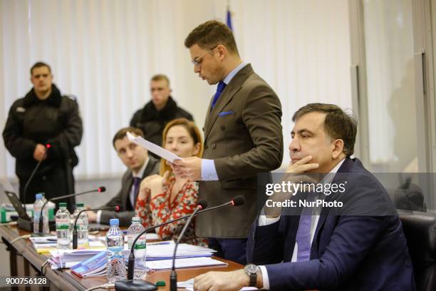 Mikheil Saakashvili is seen during the court hearing. Appeal court of Kyiv hears the case on the arrest of ukrainian politic and Georgian former...