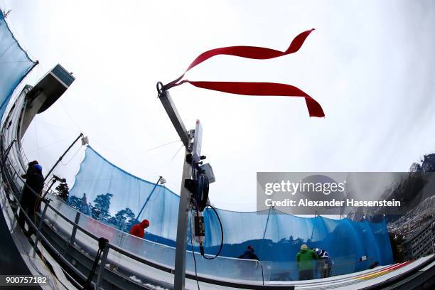 The anenometer is pictured at the Bergisel jumping hill on day one of the Innsbruck 65th Four Hills Tournament on January 3, 2018 in Innsbruck,...