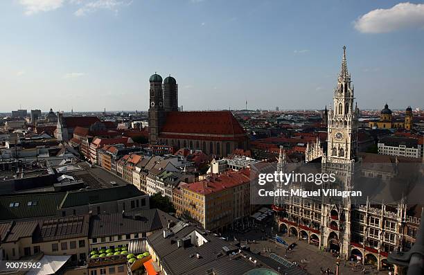 The tower of the old City Hall and the' Frauenkirche' church are pictured on August 25, 2009 in Munich, Germany. In 2007 approximately 9,5 million...