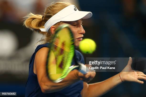 Daria Gavrilova of Australia plays a forehand in her singles match against Elise Mertens of Belgium on day five of the 2018 Hopman Cup at Perth Arena...