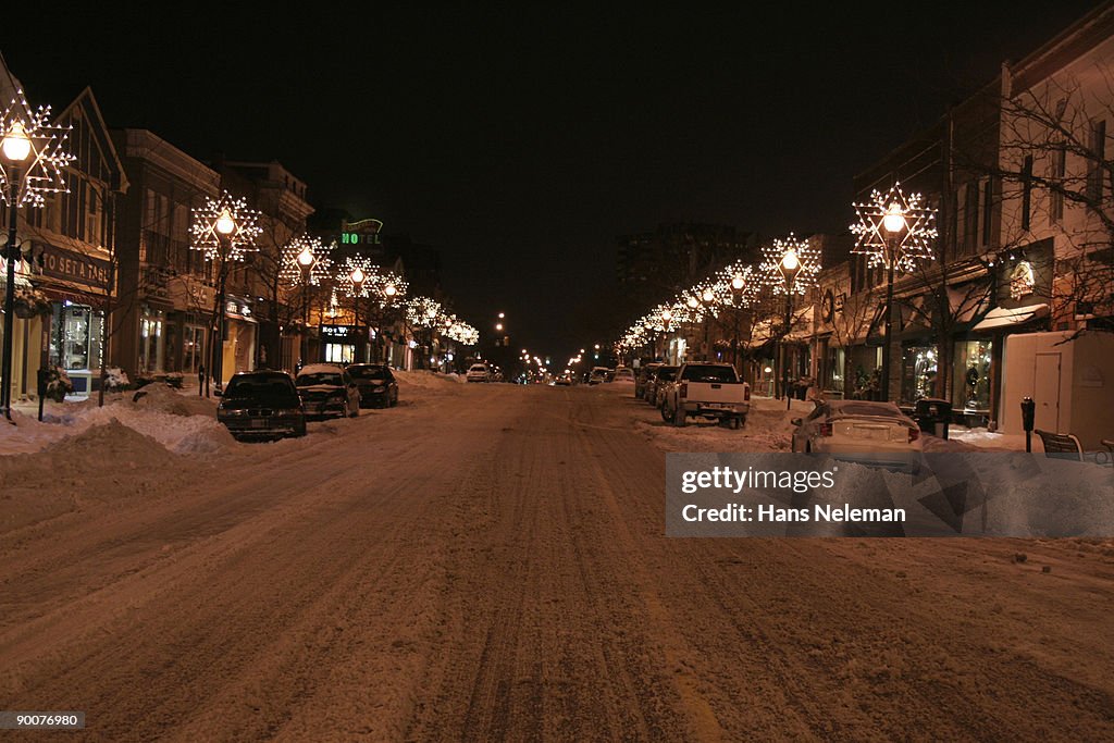 Snow at night in Oakville, Ontario