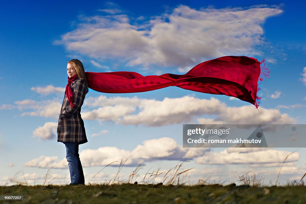 Red scarf at the blue skies