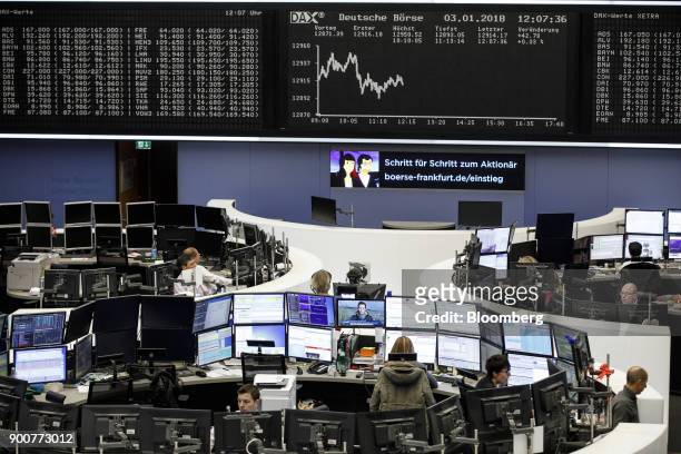 Traders monitor financial data as the second iteration of the Markets in Financial Instruments Directive comes into force, at the Frankfurt Stock...