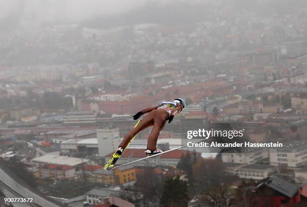 Kamil Stoch of Poland soars through the air during his practice jump on day one of the Innsbruck 65th Four Hills Tournament on January 3, 2018 in...