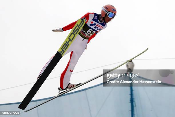 Stefan Kraft of Austria soars through the air during his practice jump on day one of the Innsbruck 65th Four Hills Tournament on January 3, 2018 in...