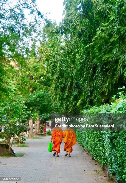 monks walking down sidewalk with shopping bag, phnom penh, cambodia - saffron robes stock pictures, royalty-free photos & images