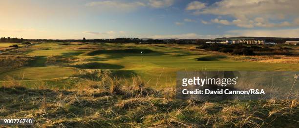 View from behind the green on the par 4, fifth hole 'Brae' hole on the Championship Links at Carnoustie the host course for the 2018 Open...