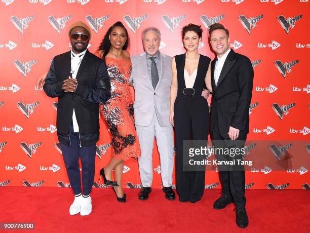 Will.i.am, Jennifer Hudson, Sir Tom Jones, Emma Willis and Olly Murs attend The Voice UK Launch photocall at Ham Yard Hotel on January 3, 2018 in...